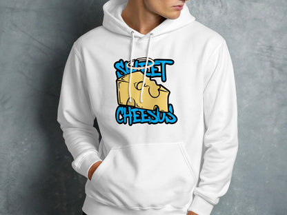 White hoodie with "Sweet Cheesus" text and a cartoon cheese wedge.