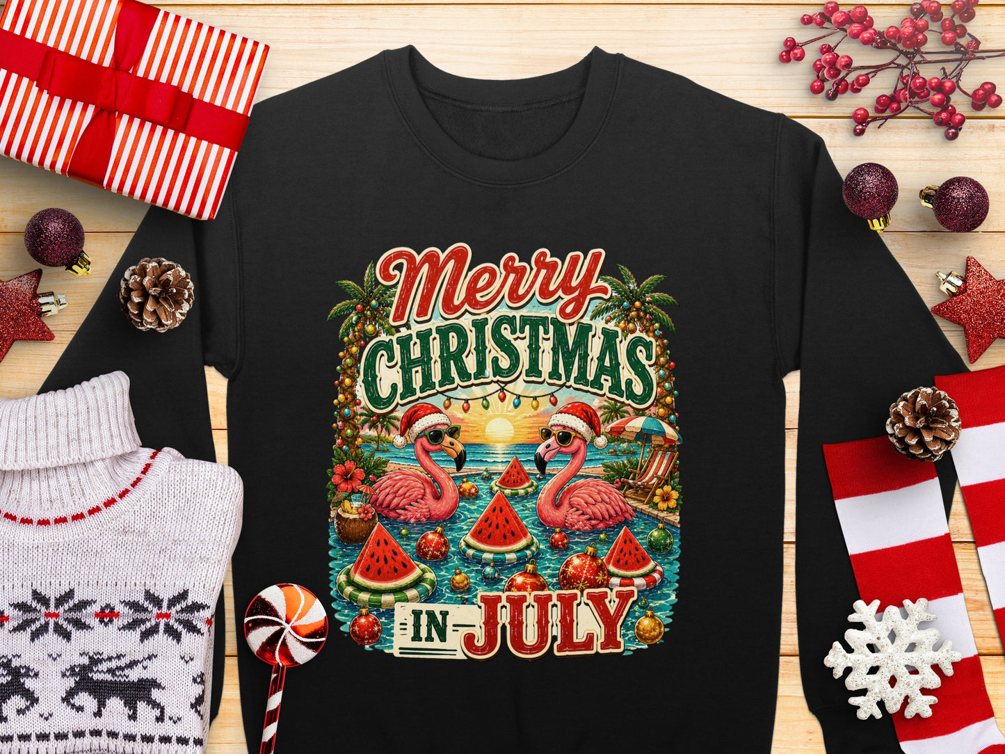 Two flamingos wear Santa hats and sunglasses, celebrating "Merry Christmas in July."