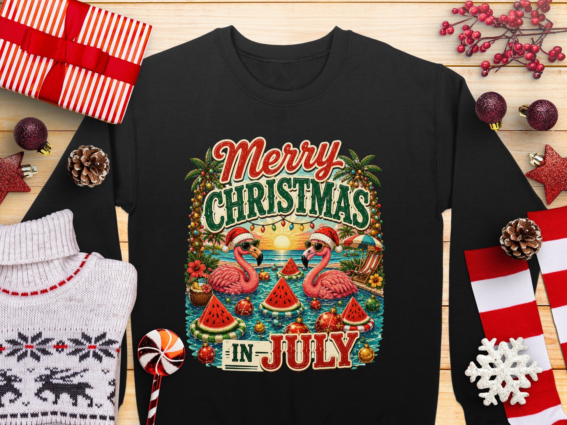 Two flamingos wear Santa hats and sunglasses, celebrating "Merry Christmas in July."
