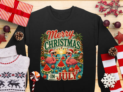 Two flamingos wear Santa hats and sunglasses, celebrating "Merry Christmas in July."