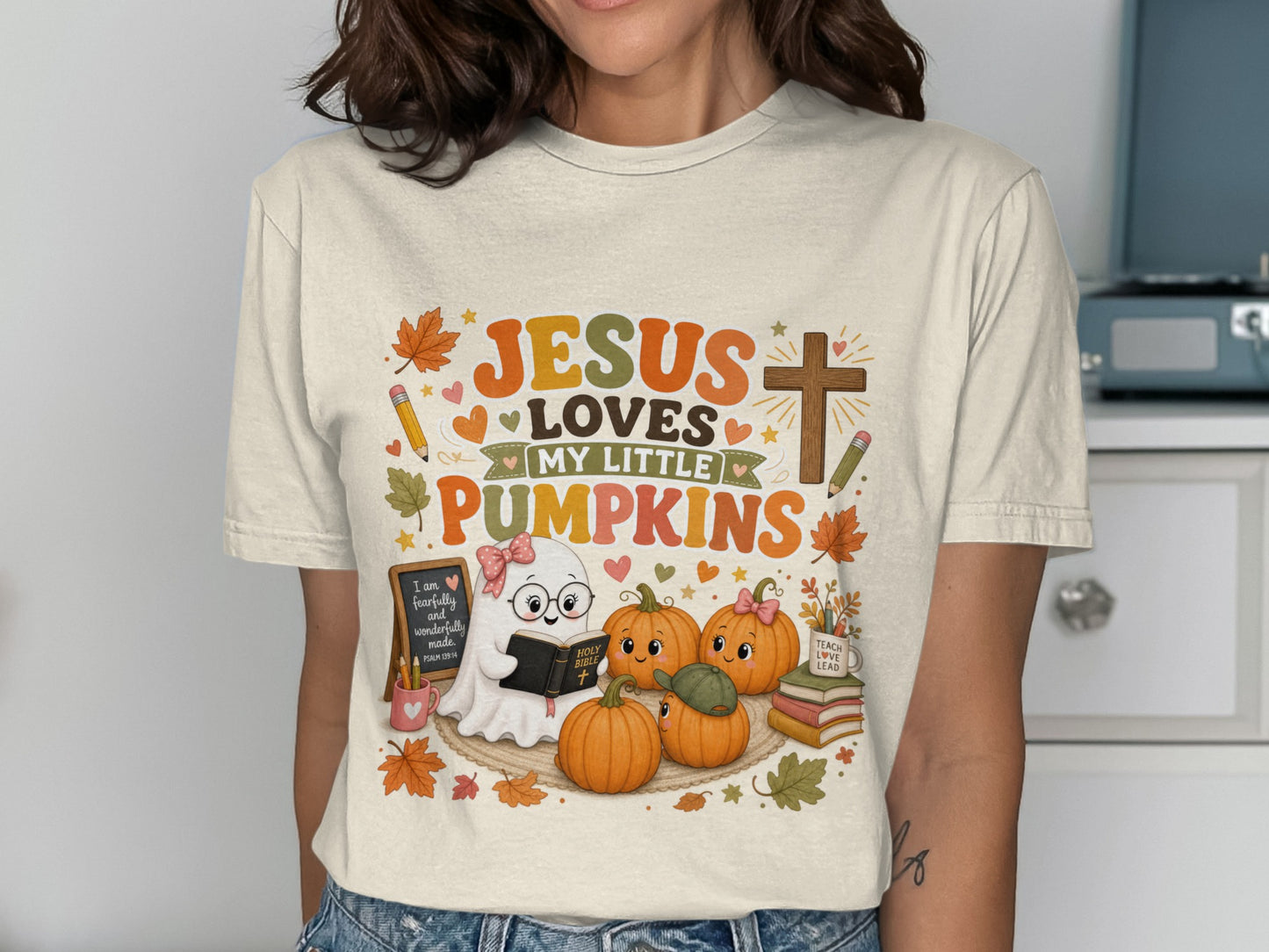 Jesus loves my little pumpkins with ghost, pumpkins, cross, books, and Bible.