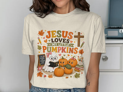 Jesus loves my little pumpkins with ghost, pumpkins, cross, books, and Bible.