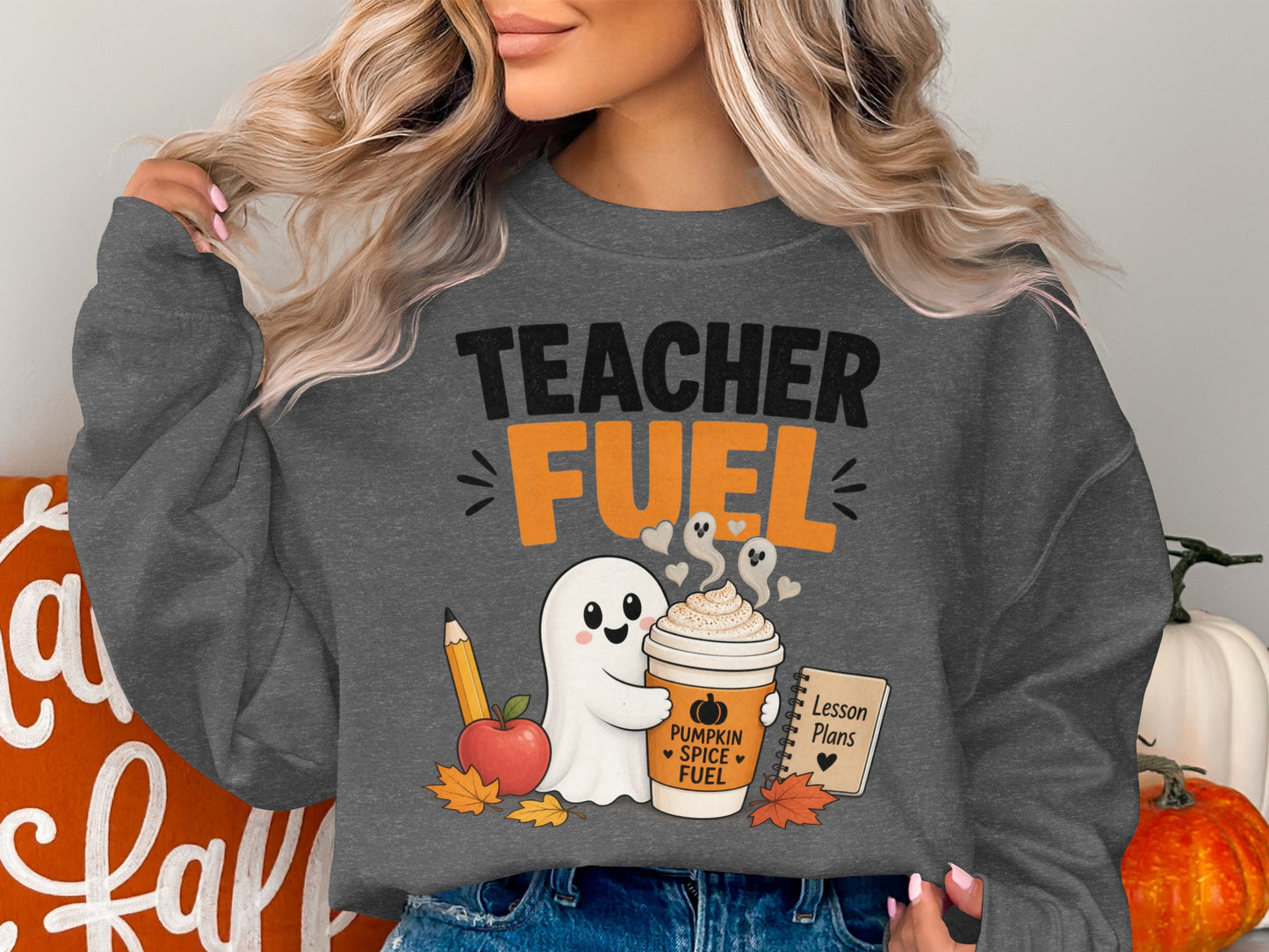 Graphic with ghost, pumpkin spice coffee, and text "Teacher Fuel".