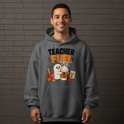 Teacher Fuel graphic with ghost, pumpkin spice coffee, and lesson plans.