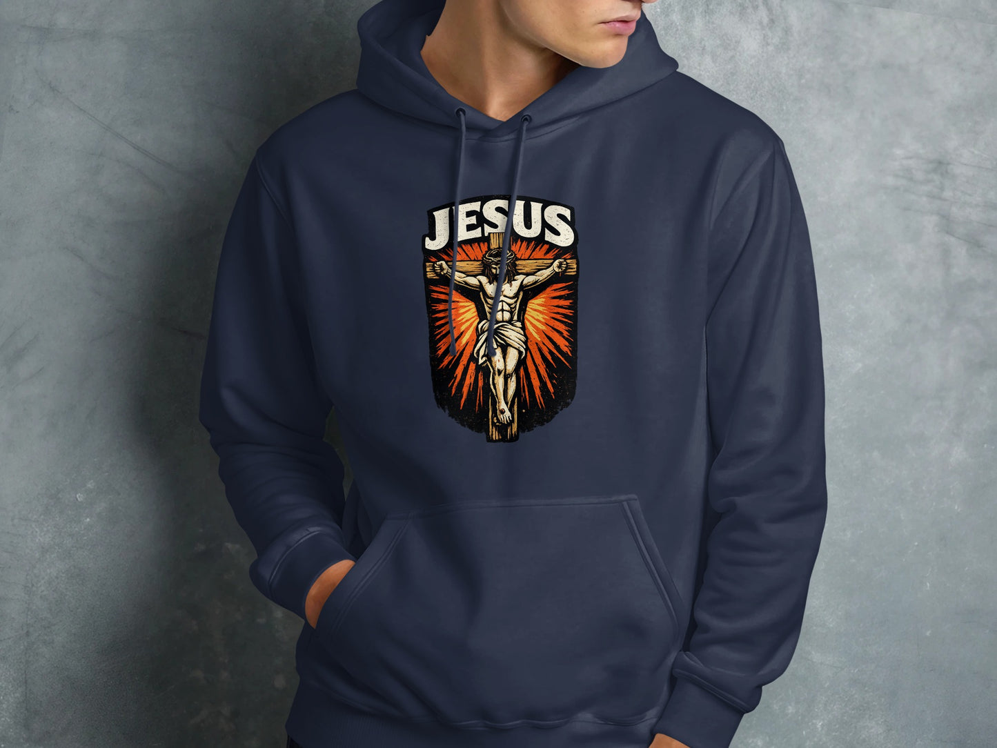 Jesus crucifixion graphic on a navy blue hoodie.