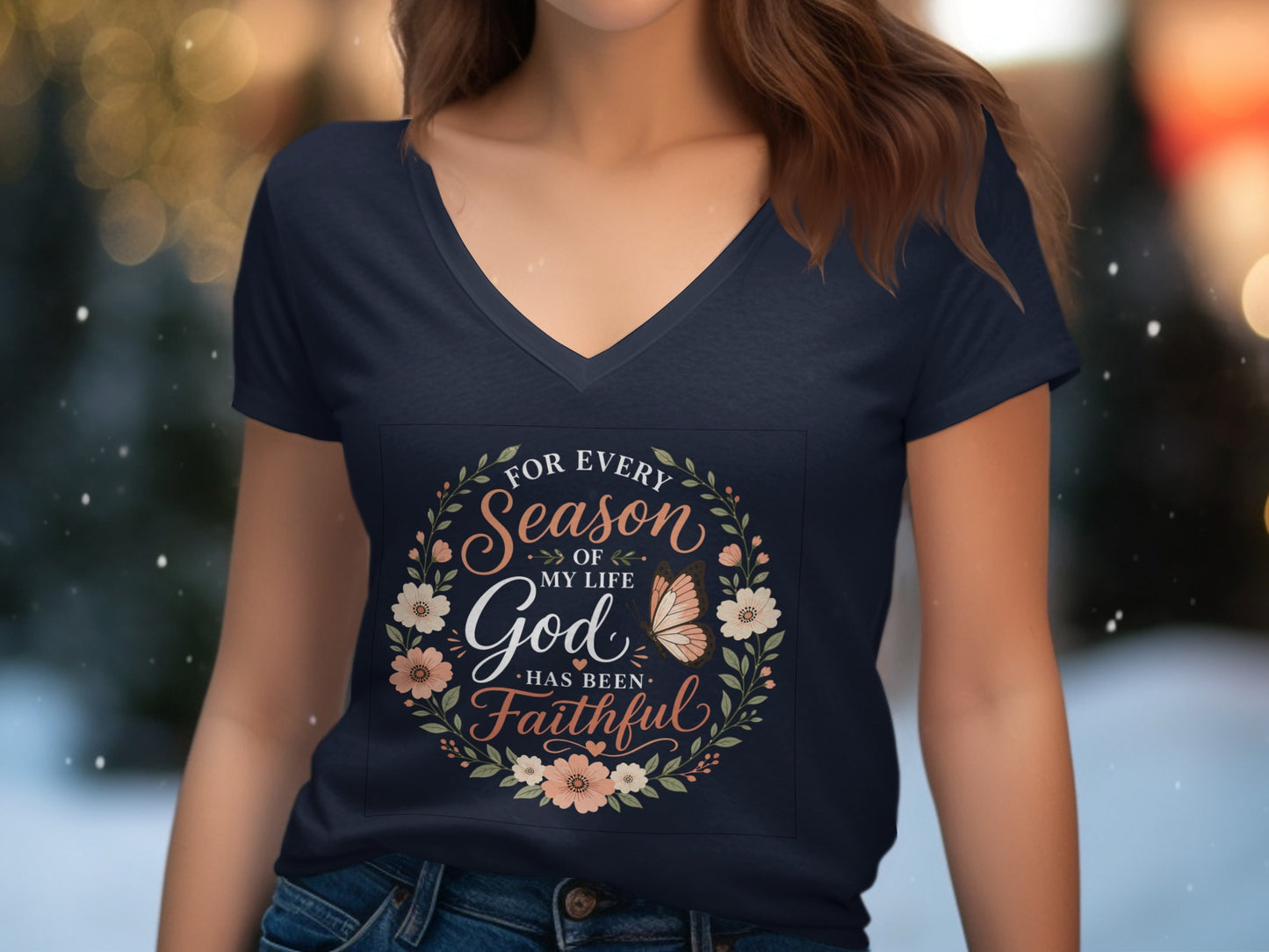 Navy v-neck t-shirt with floral wreath and butterfly, "For Every Season of My Life God Has Been Faithful".