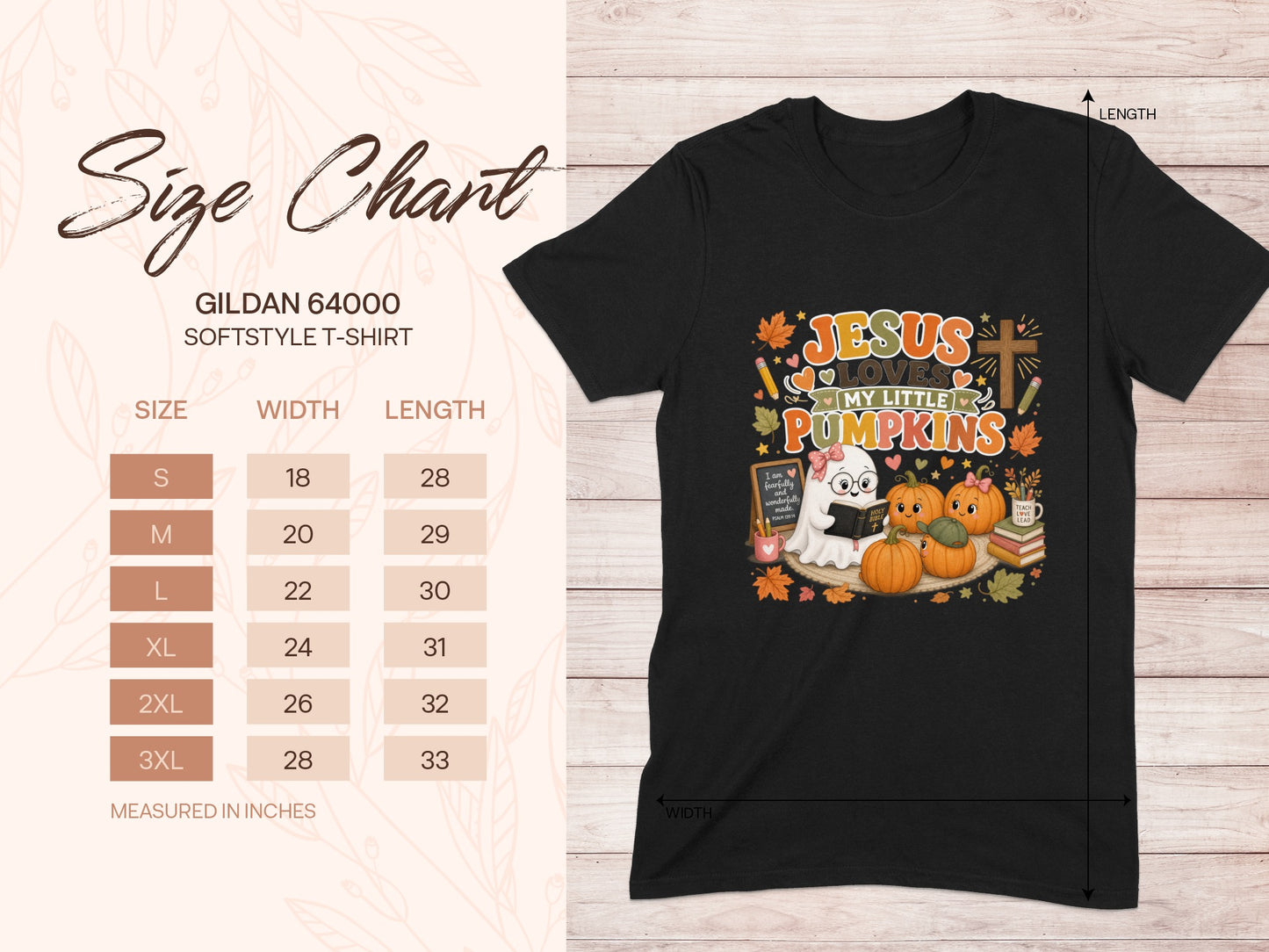 Black t-shirt with "Jesus Loves My Little Pumpkins" graphic and size chart.