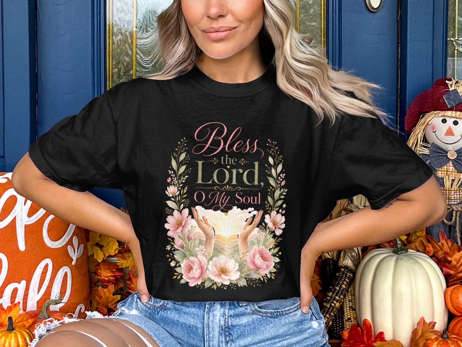 Black t-shirt with "Bless the Lord, O My Soul" text and floral wreath design.