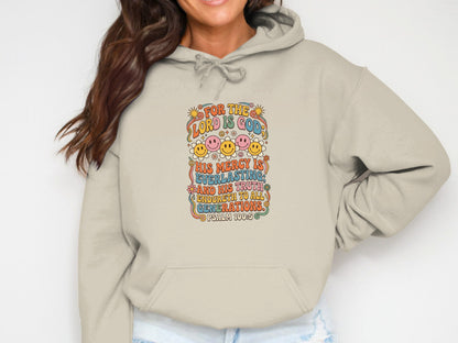 Beige hoodie with "For the Lord is Good" text and smiley faces.