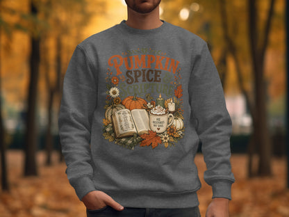 Sweatshirt with "Pumpkin Spice Scripture" design, open book, and Bible verse.