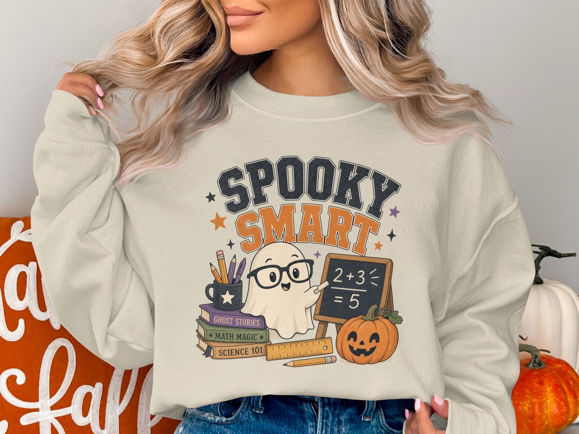 Ghost teaching math on blackboard with "Spooky Smart" text, books, and pumpkin.