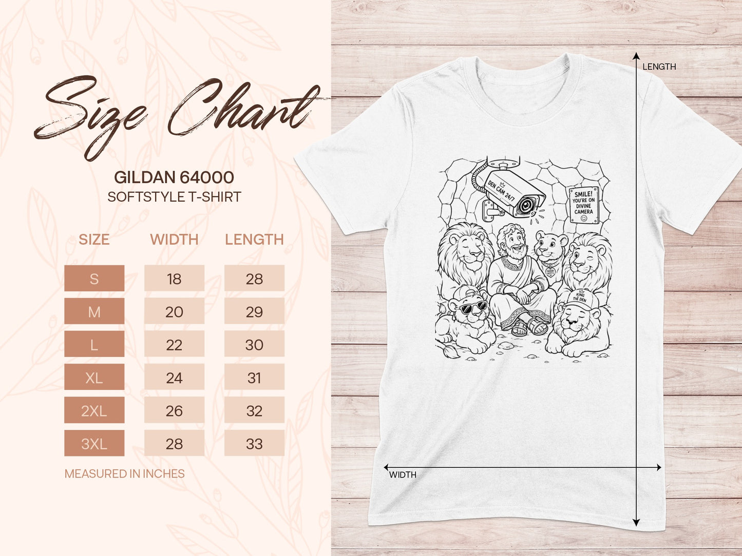 Size chart for Gildan 64000 Softstyle t-shirts with cartoon lions on a divine camera.
