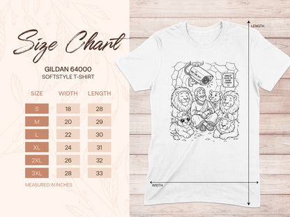 Size chart for Gildan 64000 Softstyle t-shirts with cartoon lions on a divine camera.
