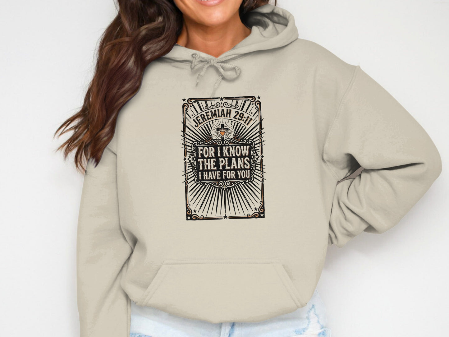 Cream hoodie with "Jeremiah 29:11 For I know the plans I have for you" design.