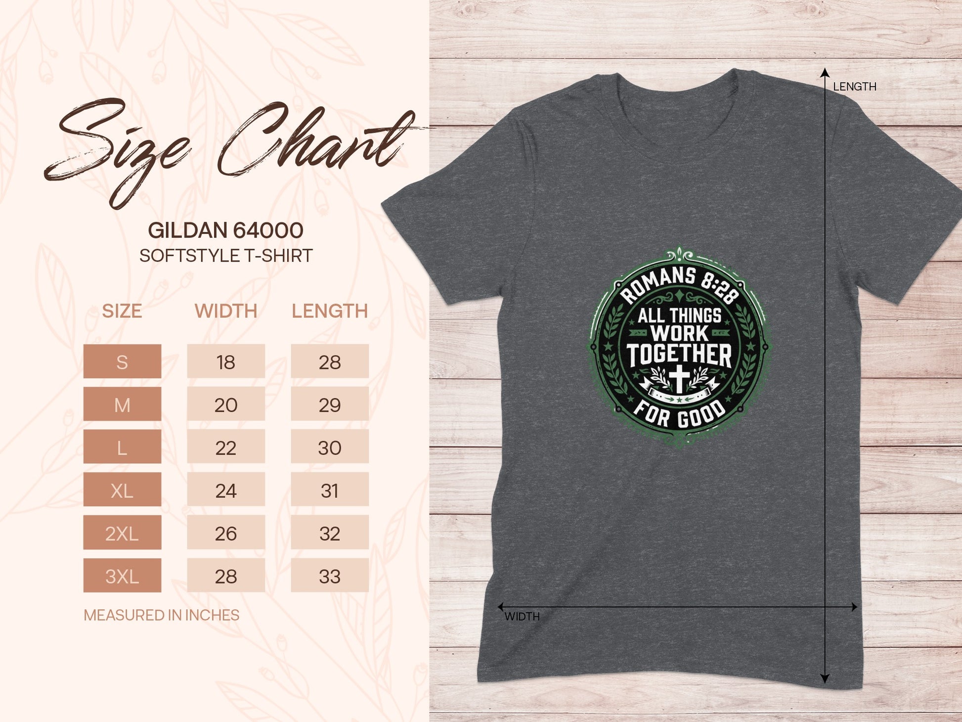 Gildan 64000 t-shirt size chart with Romans 8:28 graphic.
