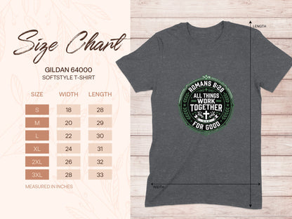 Gildan 64000 t-shirt size chart with Romans 8:28 graphic.