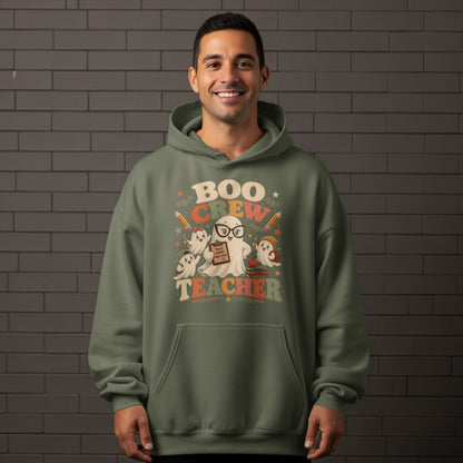 Green hoodie with "Boo Crew Teacher" graphic featuring ghosts, pencils, and books.