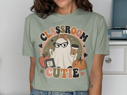 Ghost in glasses with coffee, pencil, apple, and pumpkin under "CLASSROOM CUTIE" text.