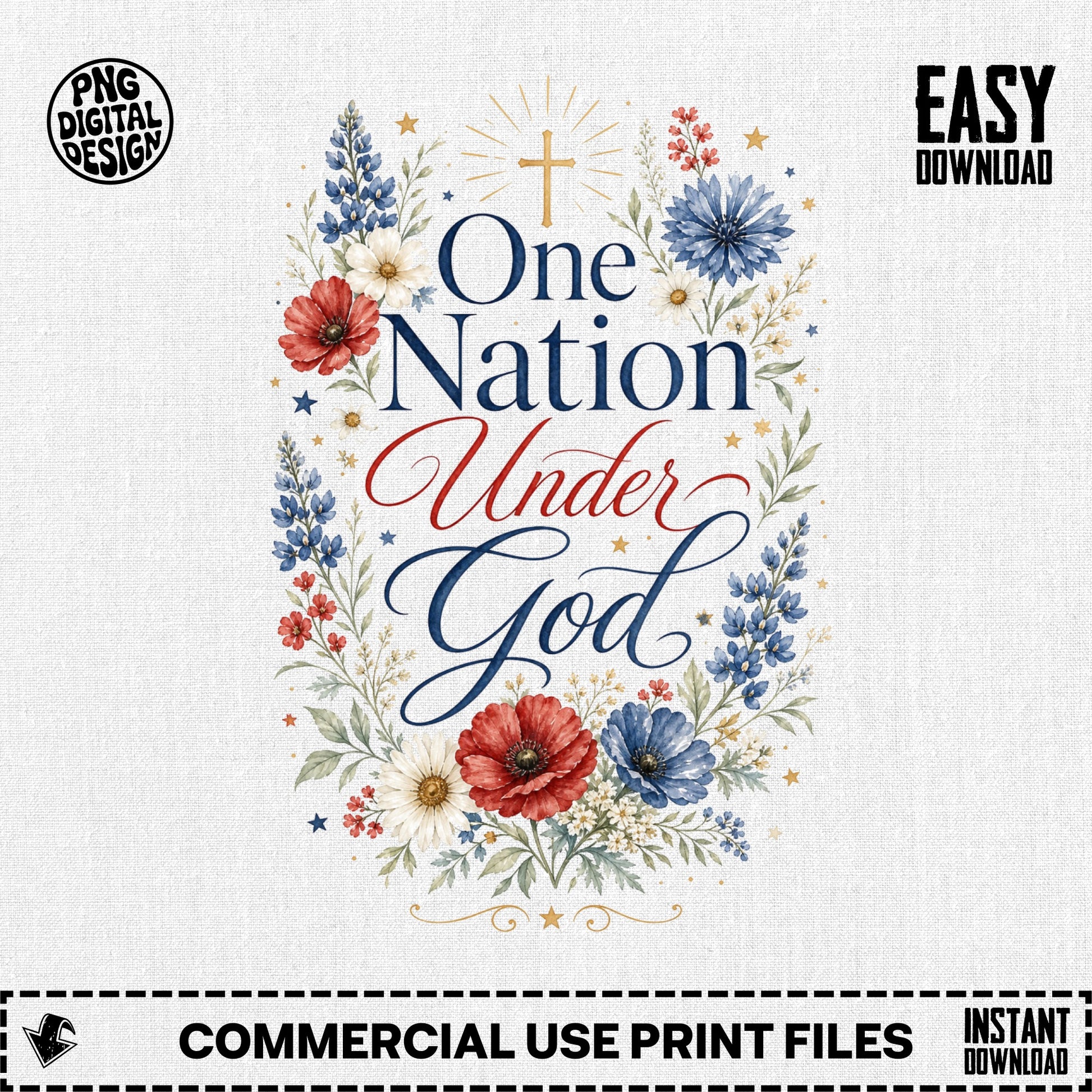 Floral wreath with text "One Nation Under God," a cross, and stars.