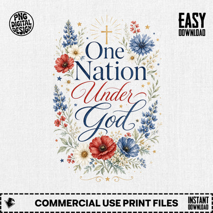Floral wreath with text "One Nation Under God," a cross, and stars.