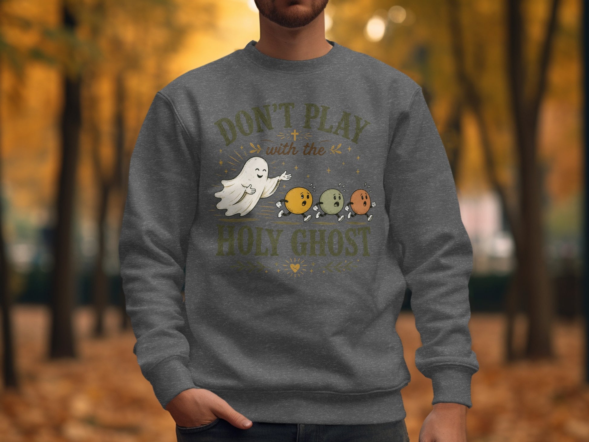 Ghost and candy characters with text "Don't Play With The Holy Ghost".