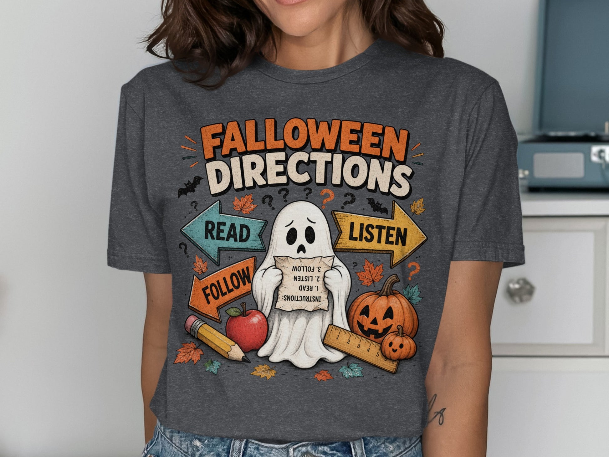 Ghost with "Falloween Directions" text, arrows, and school supplies.