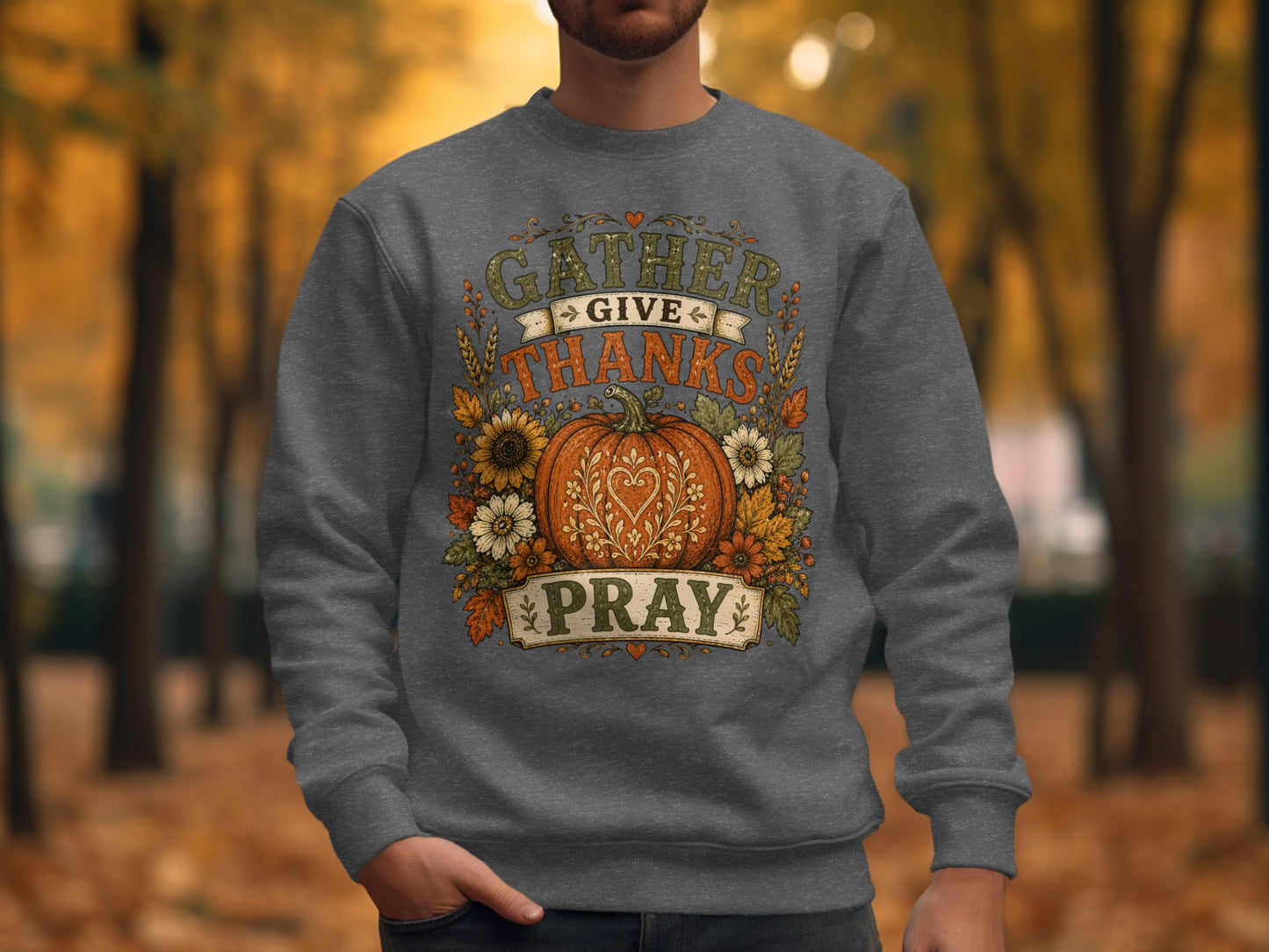 Gray sweatshirt with "Gather Give Thanks Pray" text and floral pumpkin graphic.