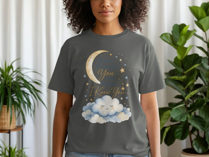 Gray t-shirt with a crescent moon, stars, and clouds graphic saying "Before I formed you in the womb, I knew you."