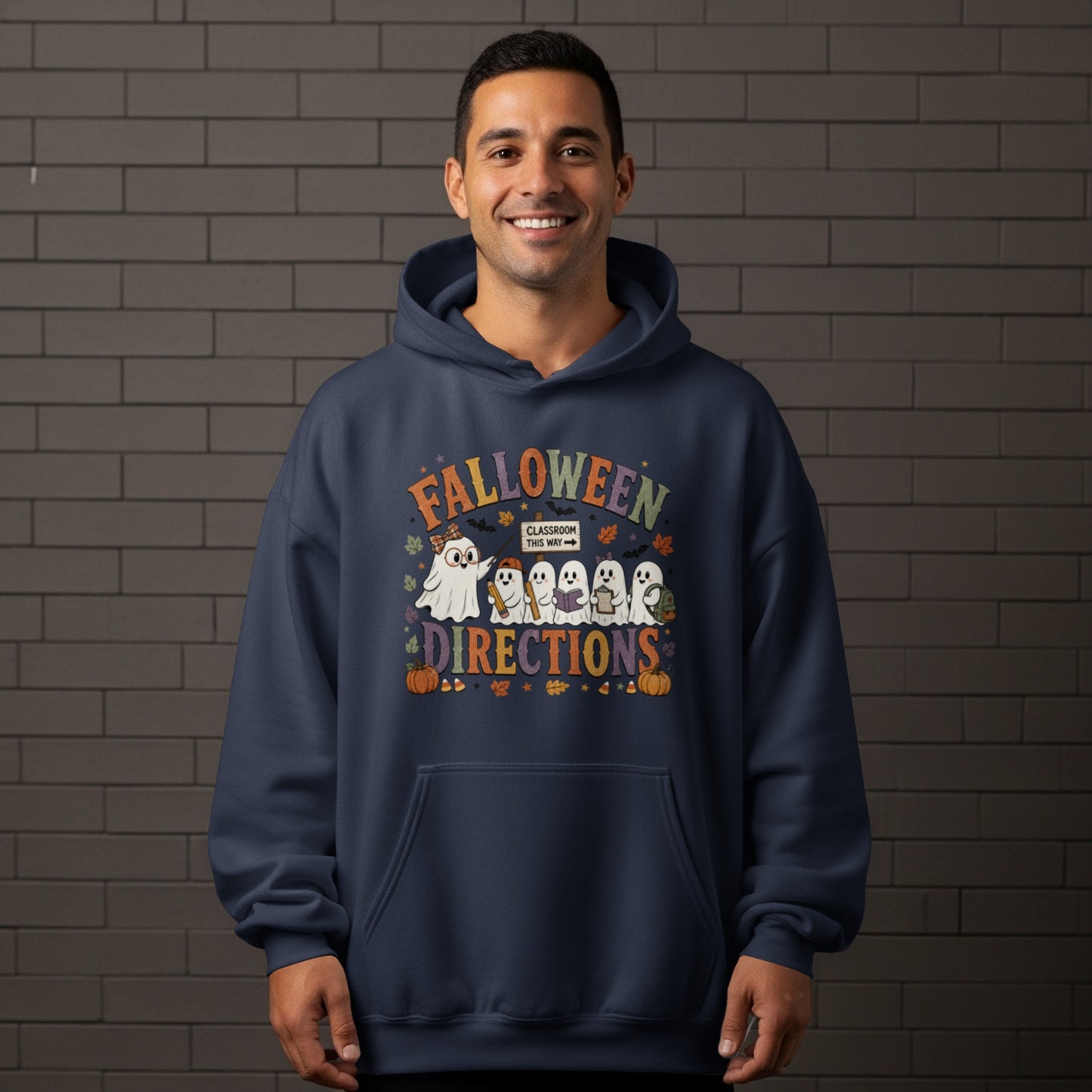 Navy hoodie with "Falloween Directions" graphic featuring cute ghosts and Halloween icons.