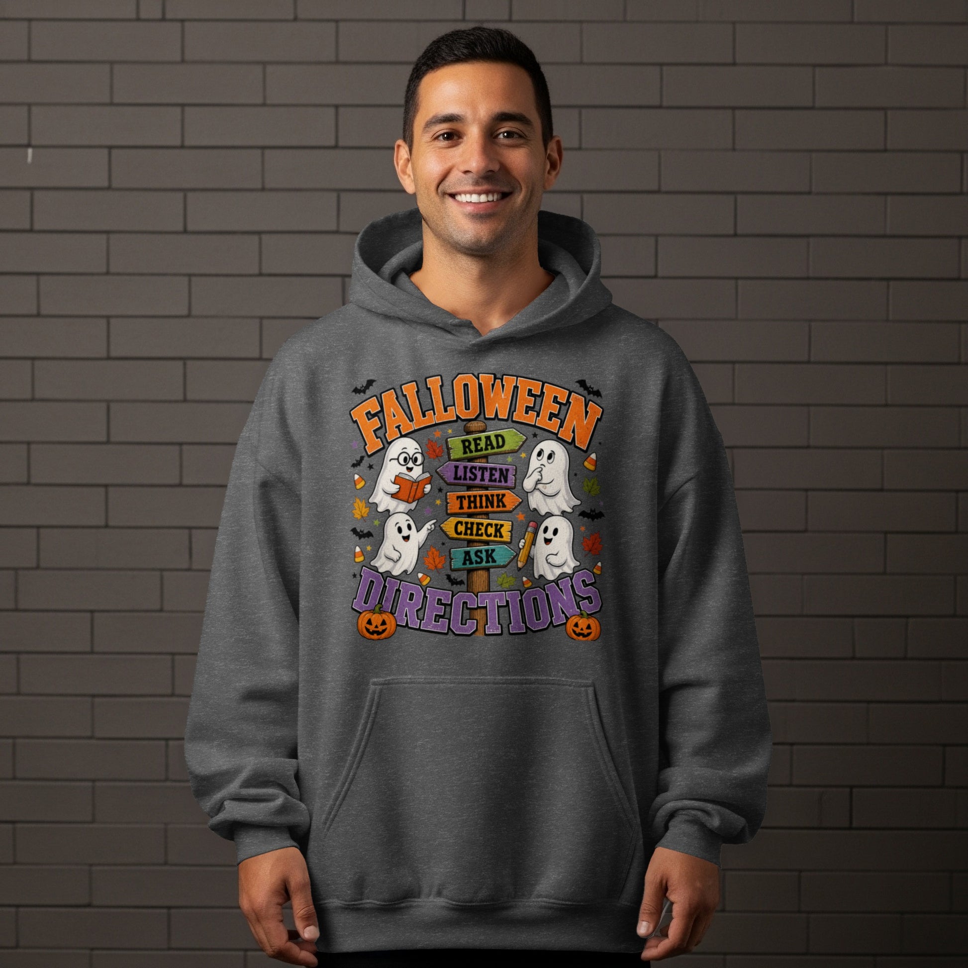 Halloween graphic on hoodie with ghosts and signposts reading "Read," "Listen," "Think," "Check," and "Ask."