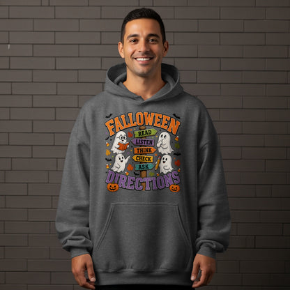 Halloween graphic on hoodie with ghosts and signposts reading "Read," "Listen," "Think," "Check," and "Ask."