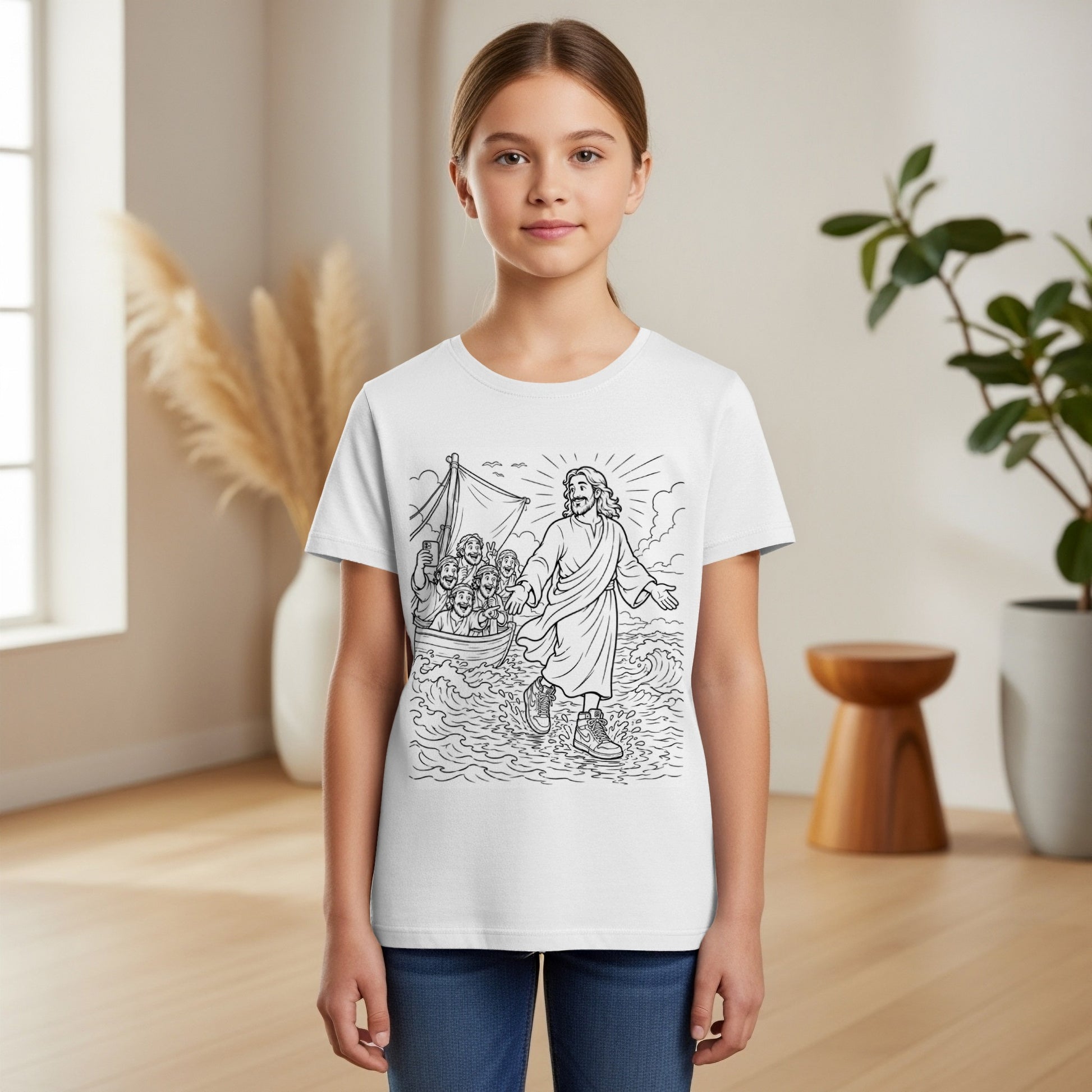 Girl wearing a white t-shirt with Jesus walking on water with disciples.