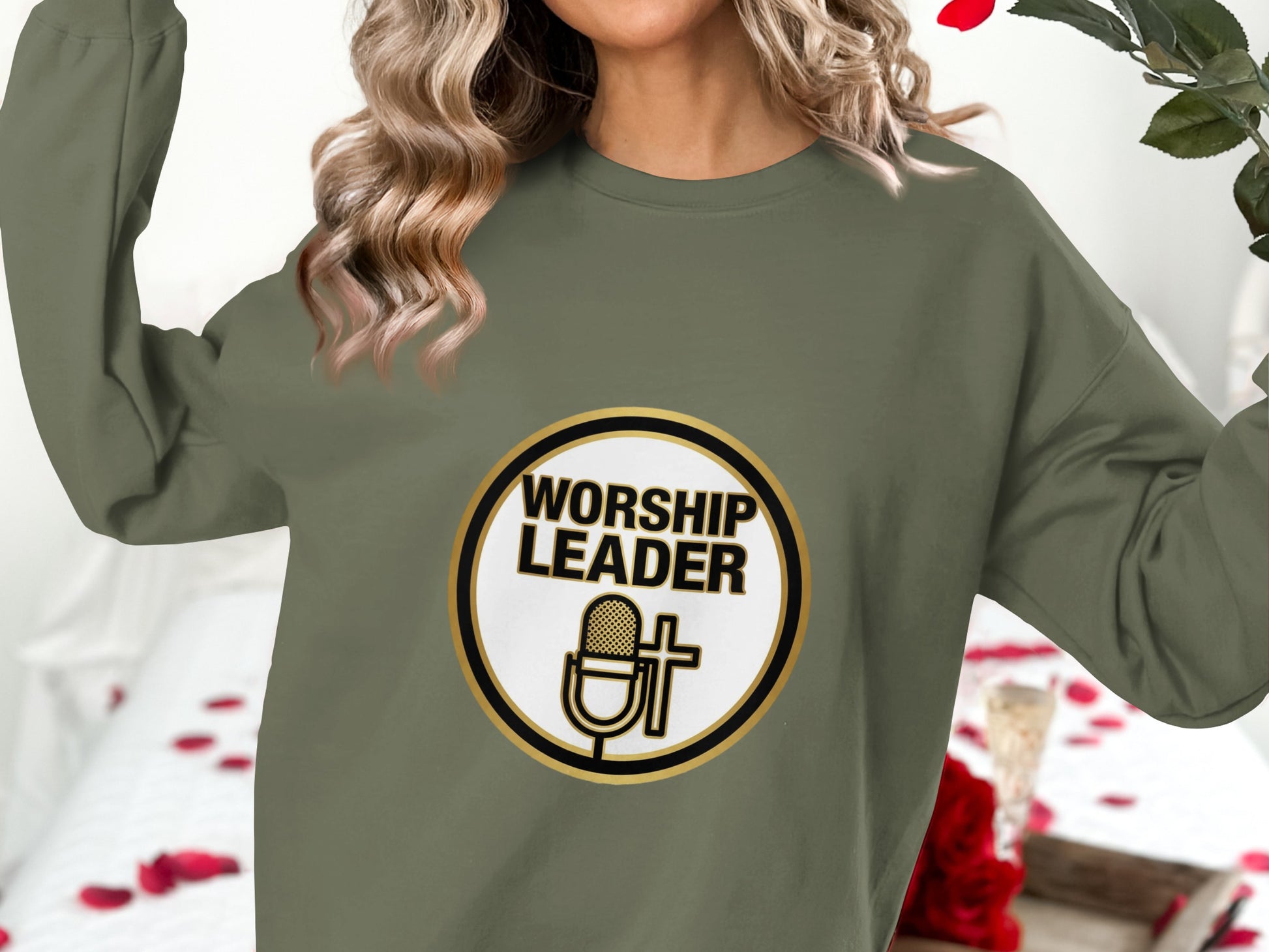 Olive green sweatshirt with "Worship Leader" text and microphone logo.