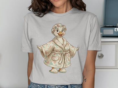 Cartoon duck in bathrobe and slippers with curlers in hair.
