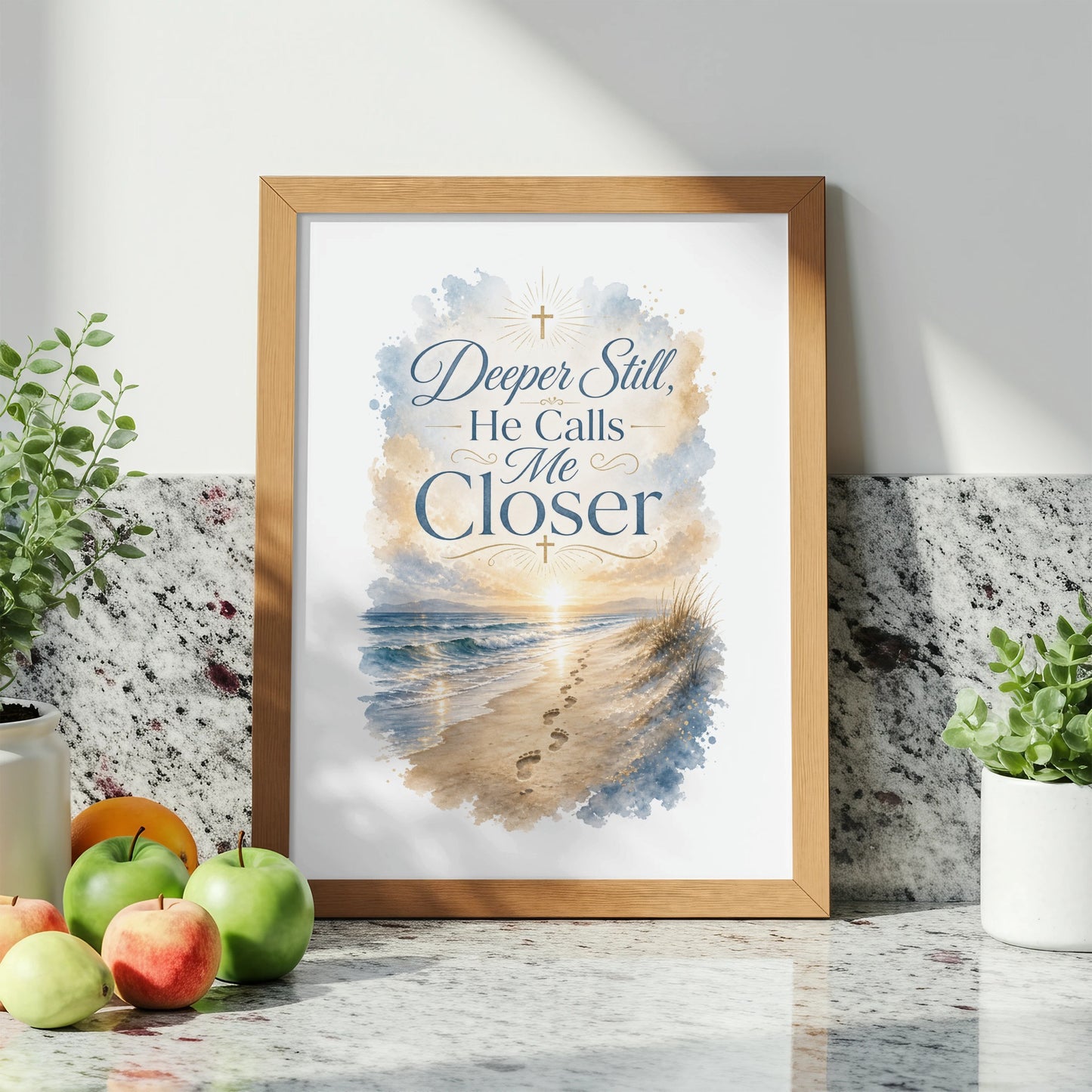 Framed artwork with text "Deeper Still, He Calls Me Closer" over beach scene.
