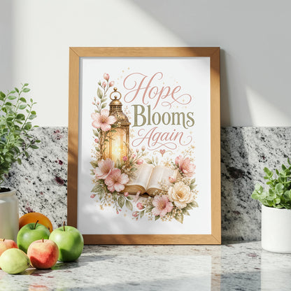 Framed artwork with "Hope Blooms Again" text, a vintage lantern, open book, and floral accents