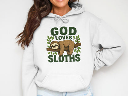 White hoodie with a sloth on a branch and "GOD LOVES SLOTHS" text.