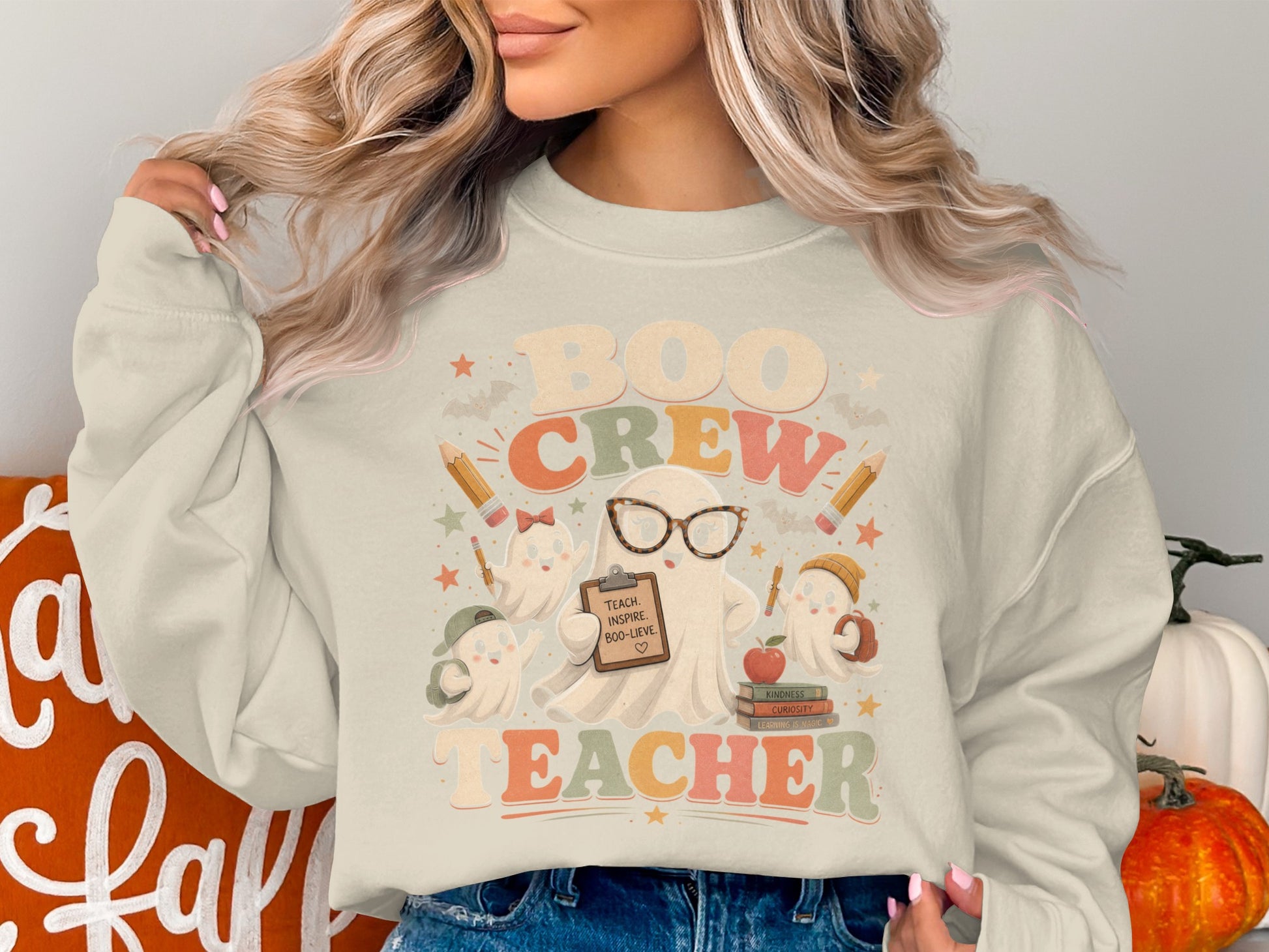 Crew Boo graphic with ghosts, pencils, books, and text "Teacher".