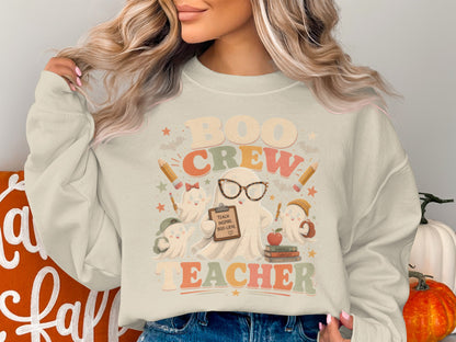 Crew Boo graphic with ghosts, pencils, books, and text "Teacher".