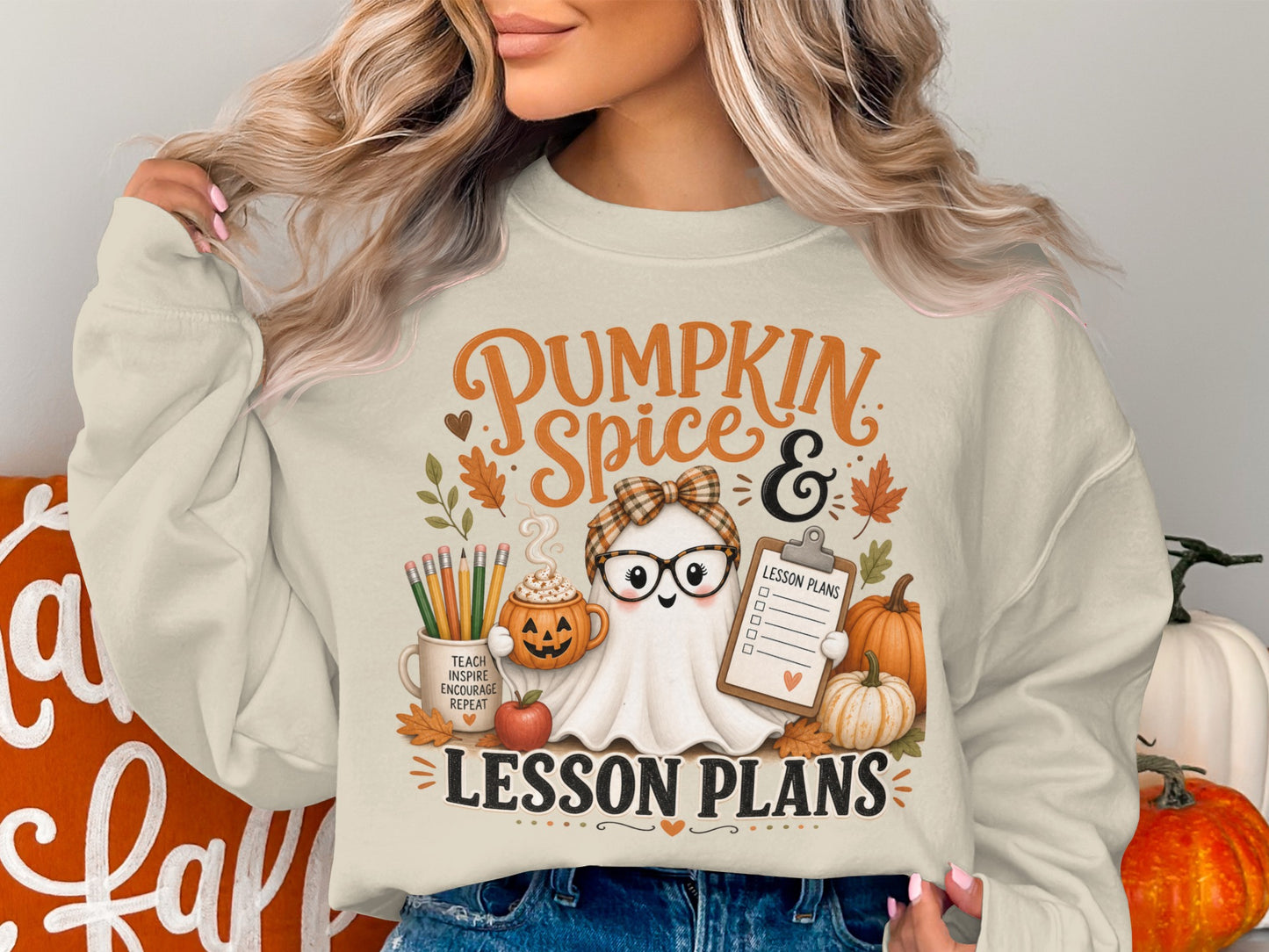 Ghost with glasses holding clipboard and lesson plans surrounded by pumpkins and fall leaves.