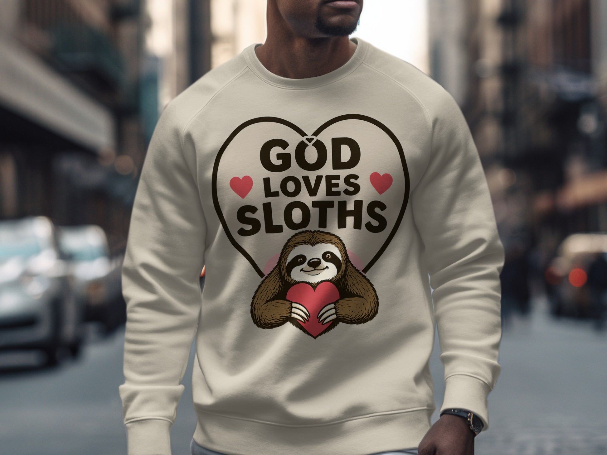 Sweatshirt with "God Loves Sloths" heart graphic and sloth holding a heart.