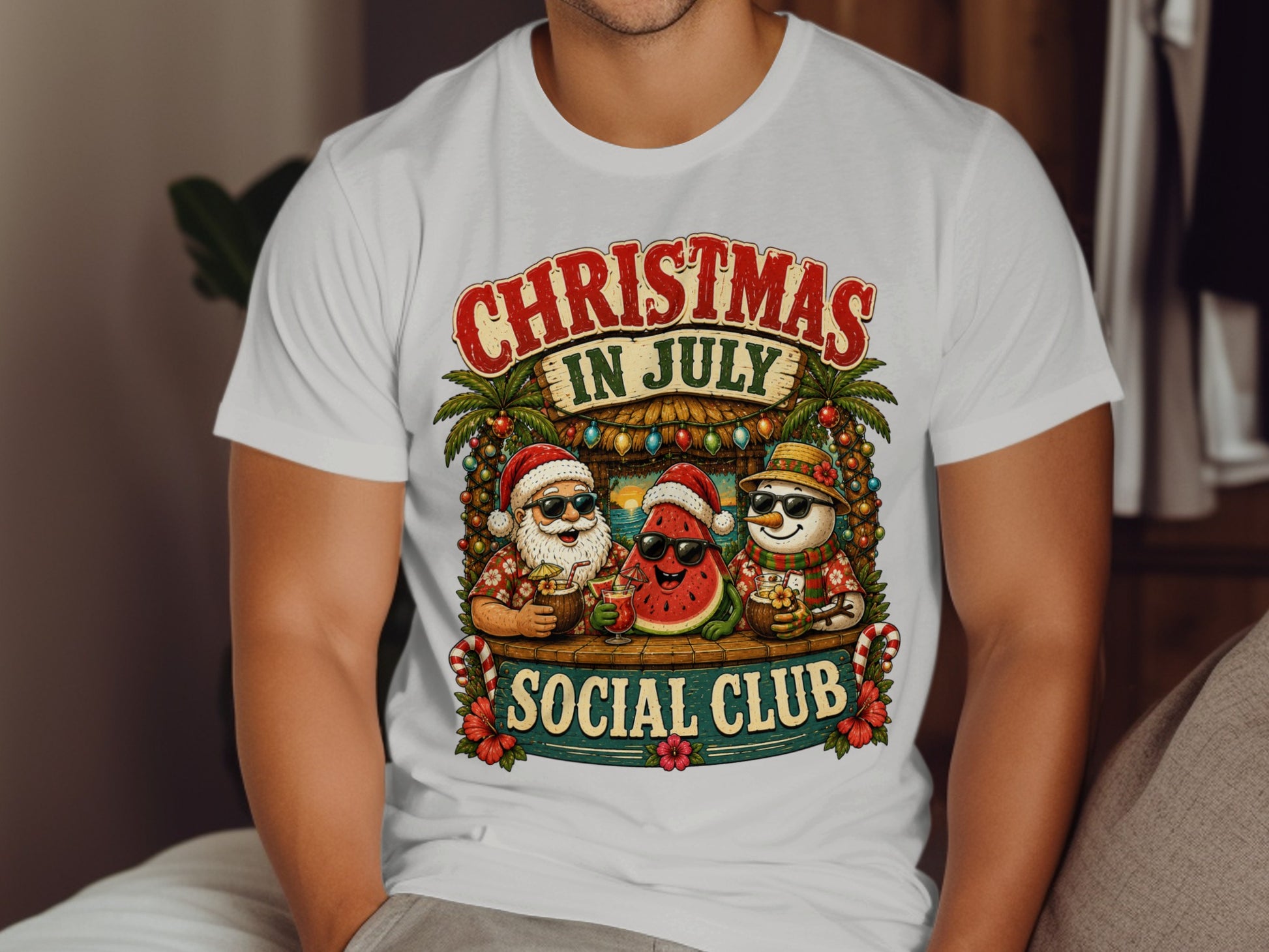 T-shirt graphic: Santa, snowman, and watermelon in sunglasses at a beach bar.