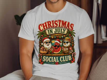 T-shirt graphic: Santa, snowman, and watermelon in sunglasses at a beach bar.
