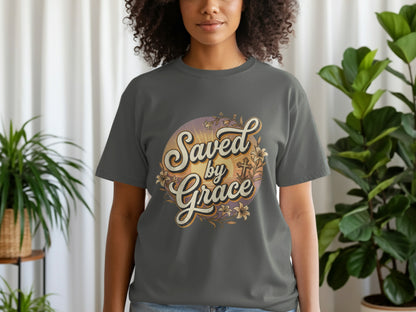 Dark grey t-shirt with "Saved by Grace" text and floral accents.