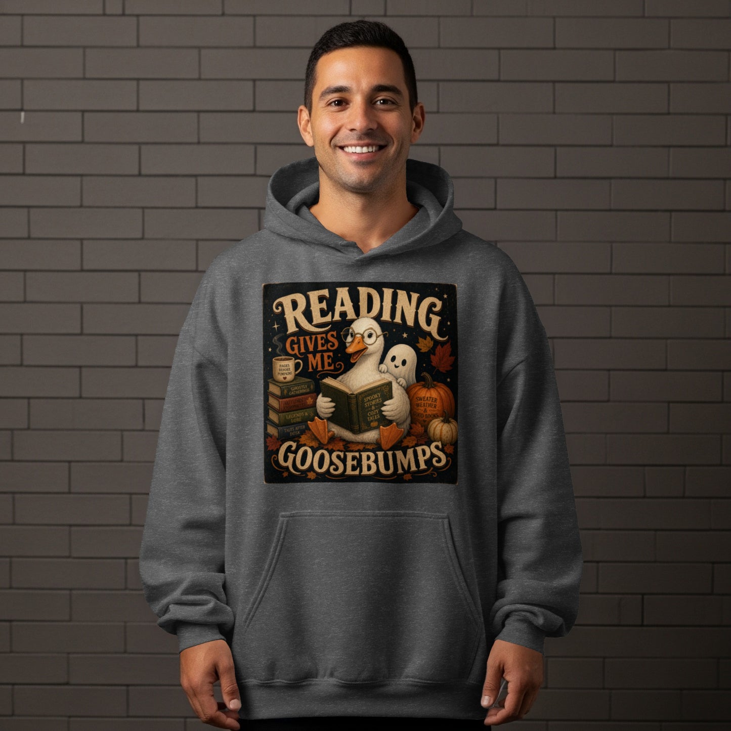 Duck reading a book with "Reading Gives Me Goosebumps" text.