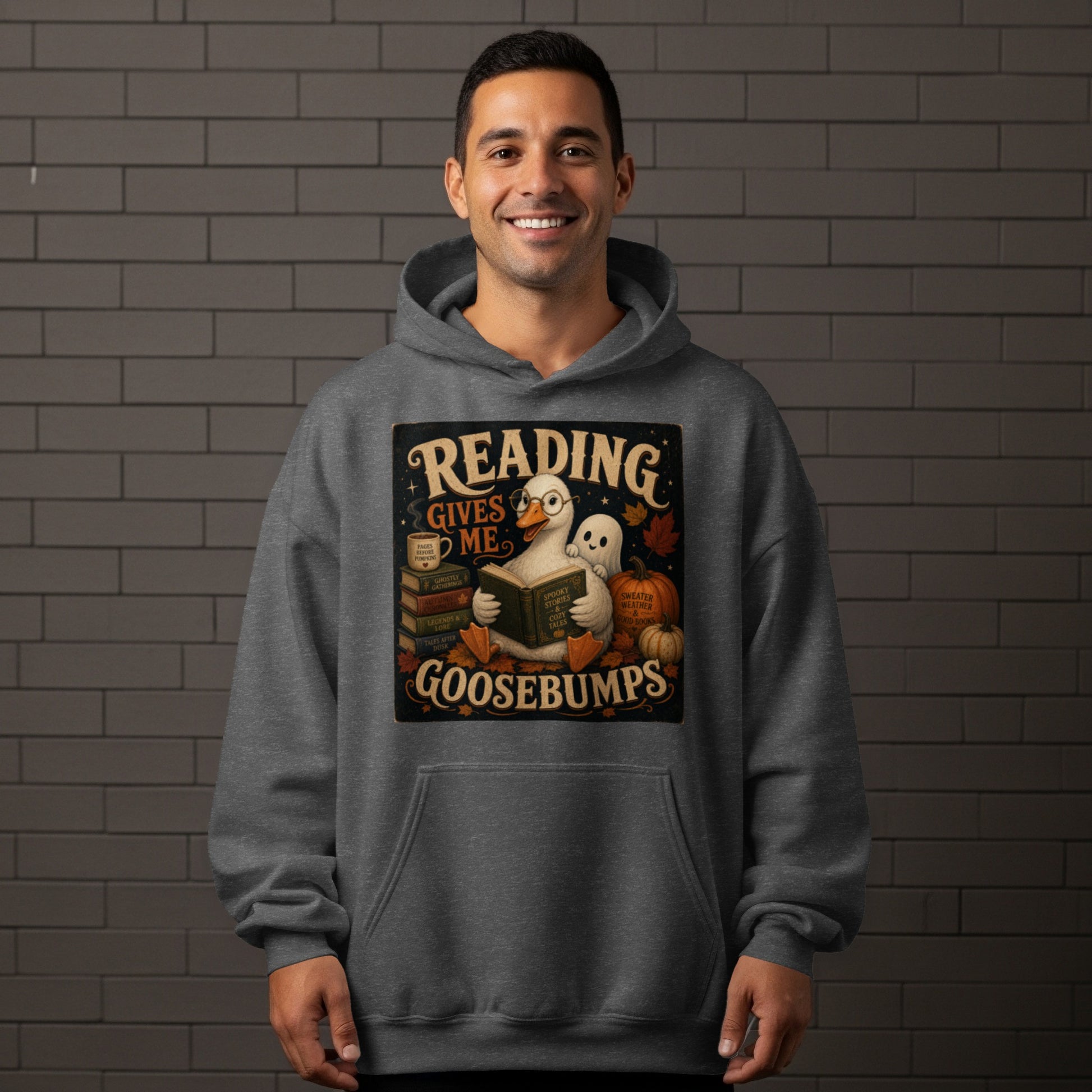Duck reading a book with "Reading Gives Me Goosebumps" text.