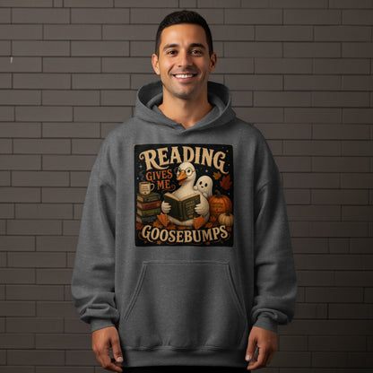 Duck reading a book with "Reading Gives Me Goosebumps" text.