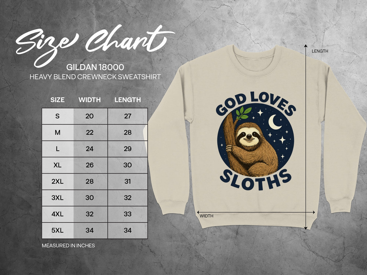 Gildan 18000 size chart with sloth graphic.