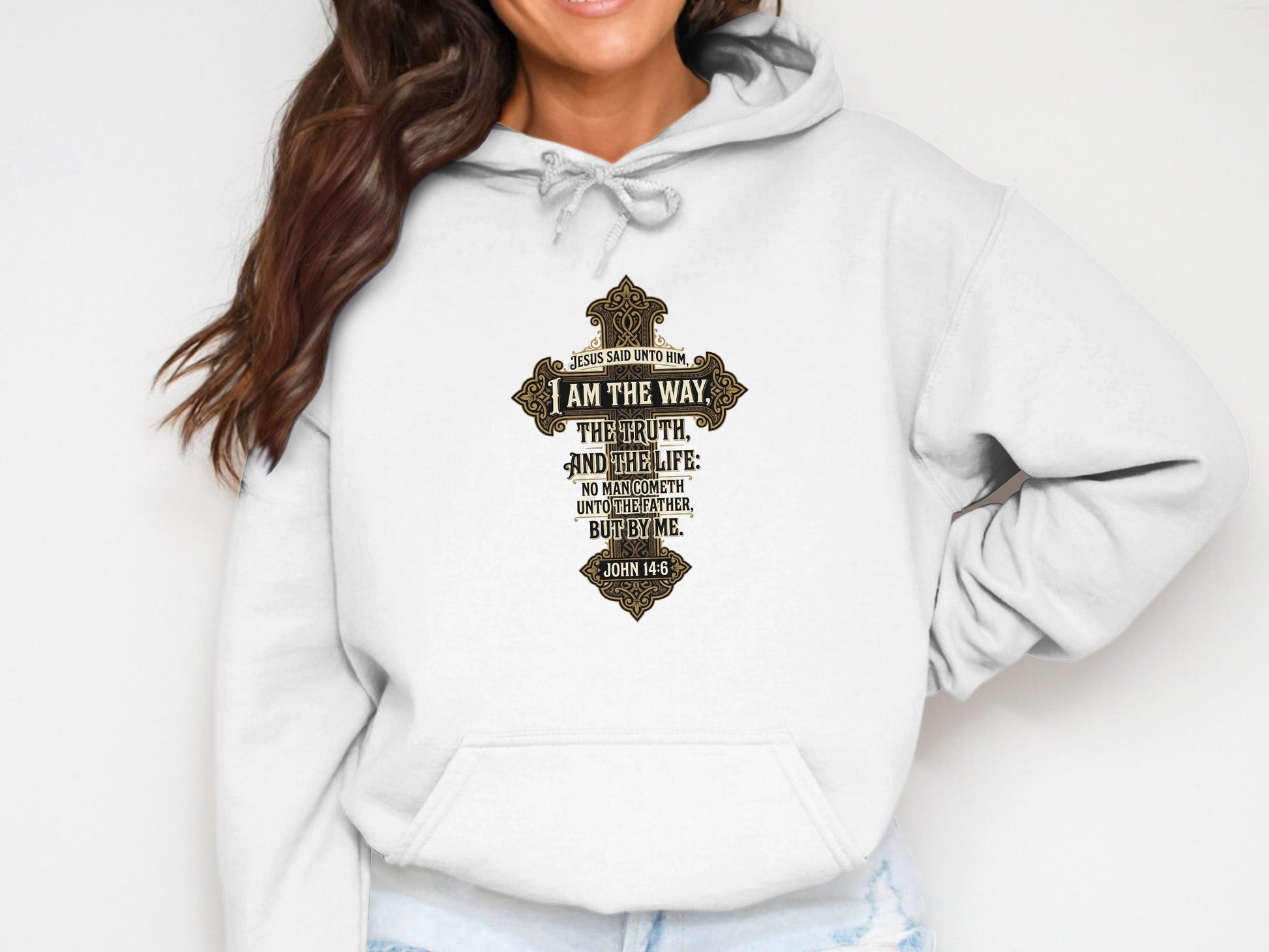 White hoodie with a black and gold cross graphic featuring biblical text from John 14:6.