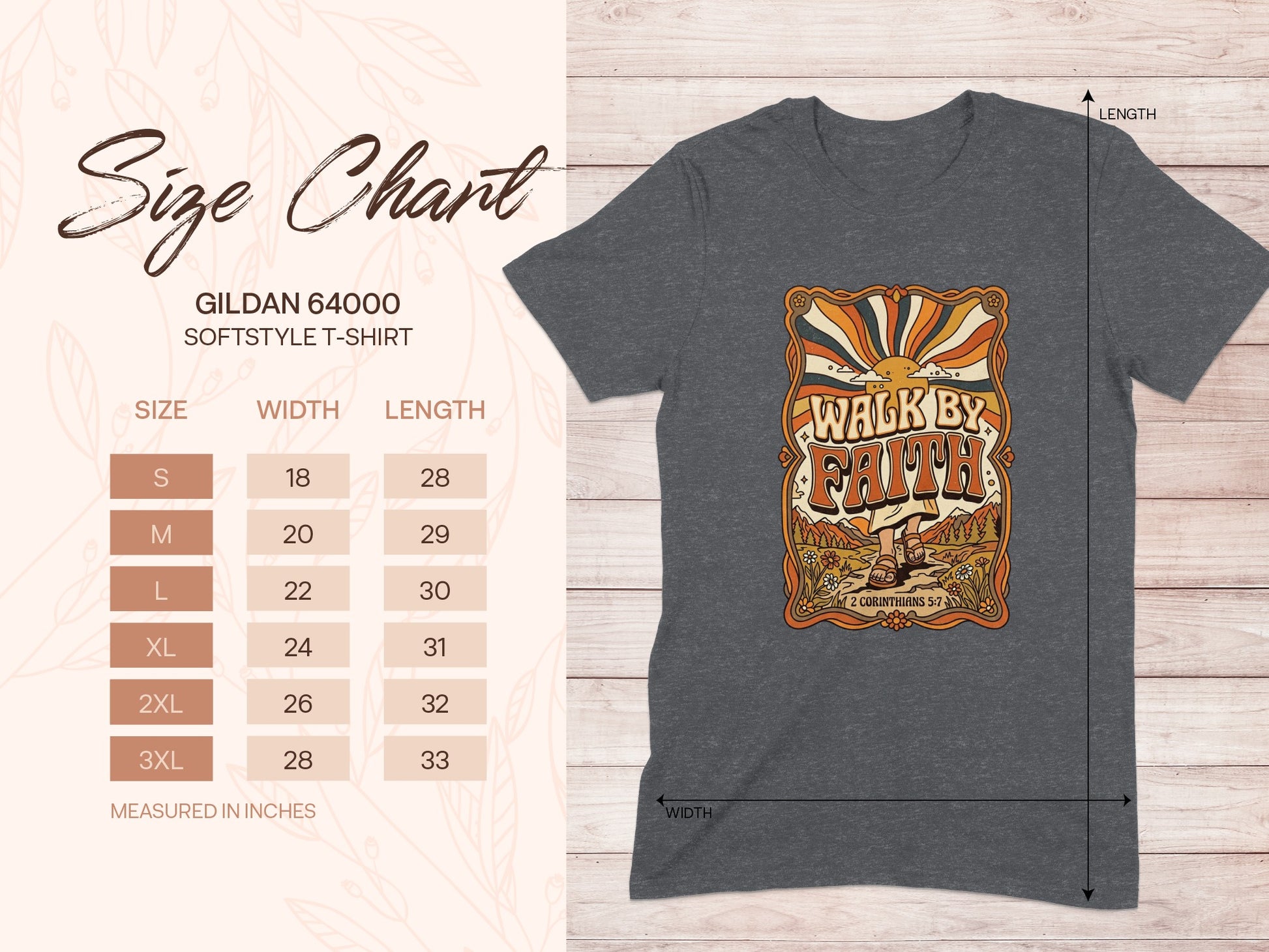 Gildan 64000 Softstyle t-shirt size chart with measurements for width and length.
